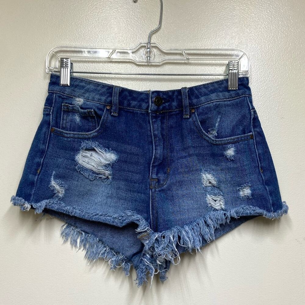 Pacsun Medium Wash High Rise Festival Shorts Destroyed Frayed Hem Ladies Size 26